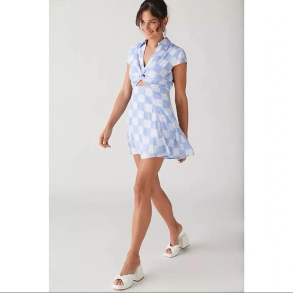Urban Outfitters Harlow Twist Front Mini Dress, Blue White Floral Check, Small - Picture 2 of 12
